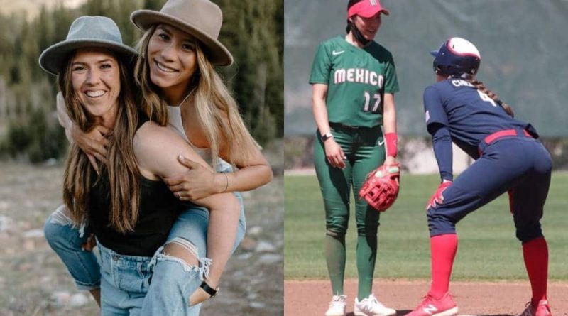 Side-by-side photos of Team USA softball player Amanda Chidester and fiance Anissa Urtez Team Mexico player at the 2020 Tokyo Olympics