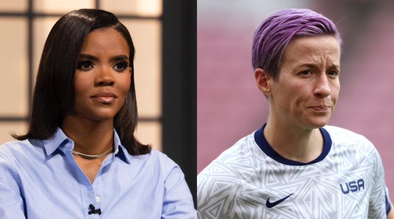 On the left: Candace Owens in a blue shirt. On the right: Megan Rapinoe on the football pitch.