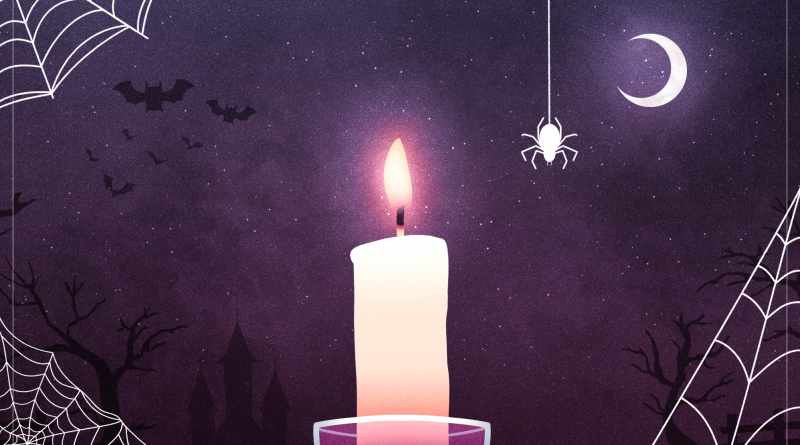 An illustration of a candle in front of a moody purple sky, with bats and spiders