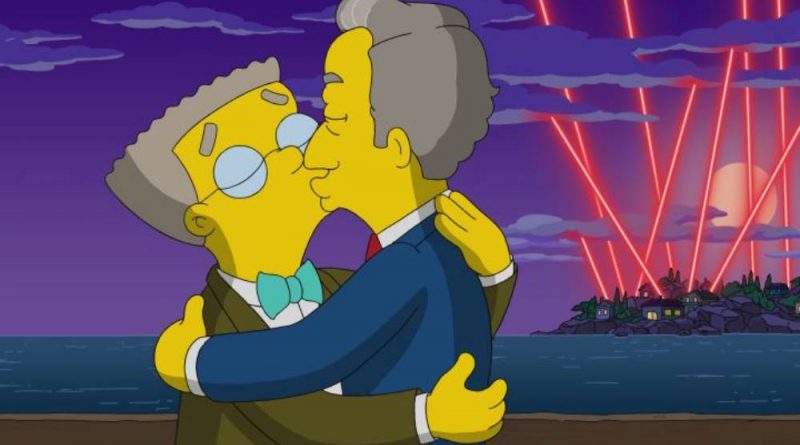 Simpsons character Waylon Smithers kisses his new boyfriend in an upcoming episode of the Simpsons