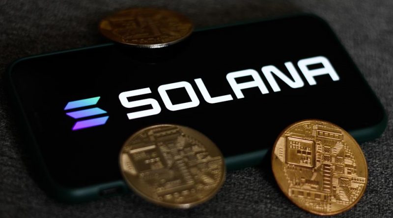 Solana logo displayed on a phone screen and representation of cryptocurrencies are seen in this illustration photo taken in Krakow, Poland on August 21, 2021. (Photo Illustration by Jakub Porzycki/NurPhoto via Getty Images)