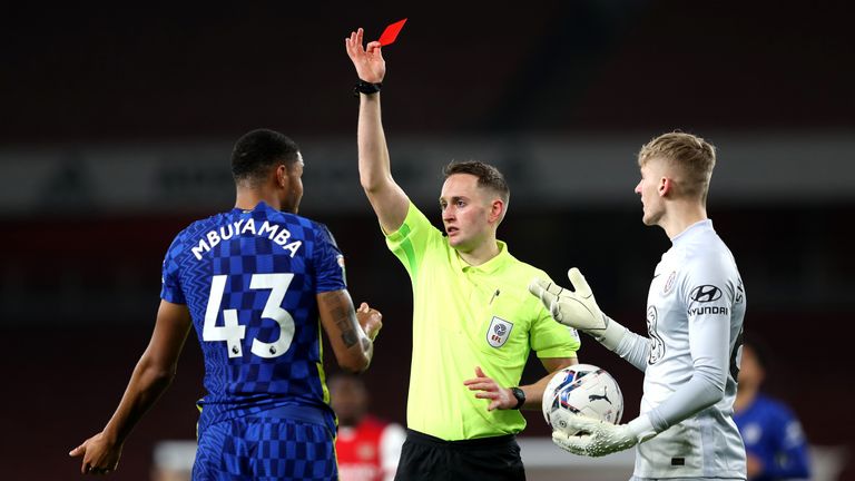 Chelsea's Xavier Muyamba was sent off after just 35 minutes at the Emirates Stadium