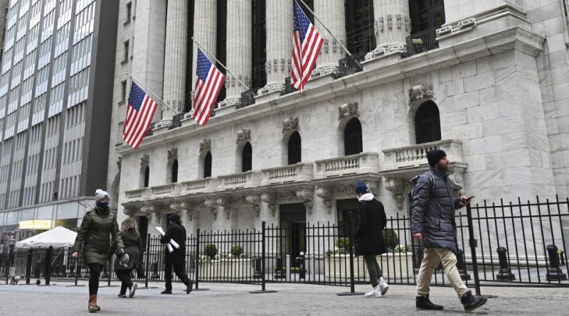 Photo by: NDZ/STAR MAX/IPx 2021 1/10/22 People walk by the New York Stock Exchange (NYSE) on Wall Street on January 10, 2022 in New York.