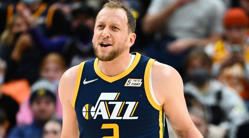 Utah Jazz guard Joe Ingles argues with an opposing player during the first half of an NBA basketball game against the Cleveland Cavaliers Wednesday, Jan. 12, 2022, in Salt Lake City.