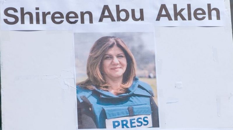 A placard from a protest in London in support of Palestinian journalist Shireen Abu Akleh.
