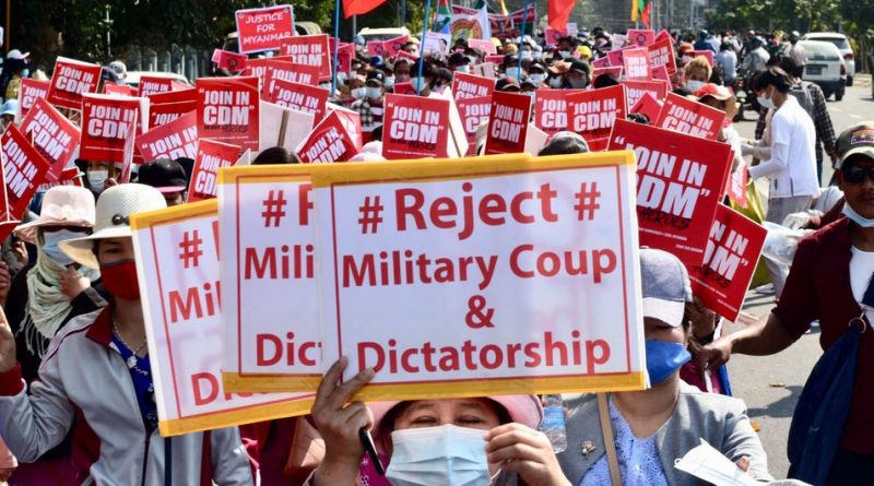 Protesters attend a march against the military coup in Myanmar.