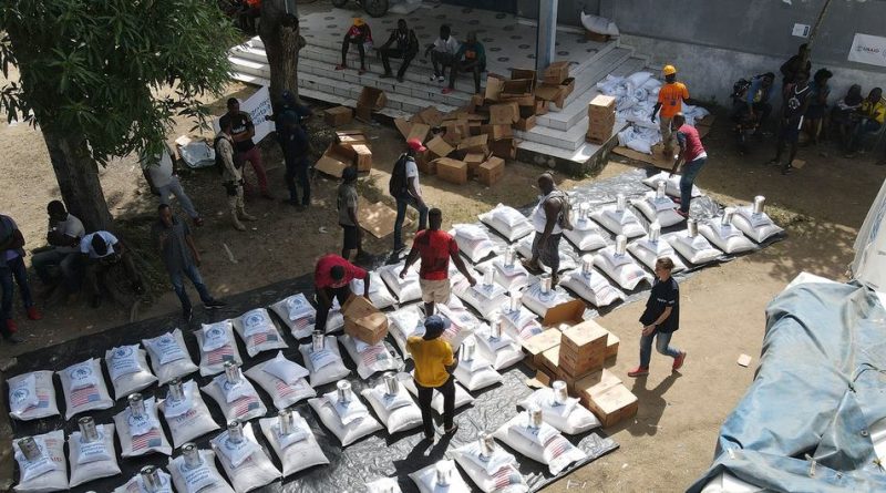 Emergency food aid is prepared to be distributed to Haitians.