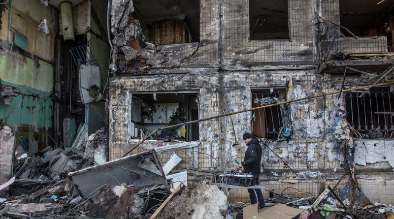 Apartment buildings are destroyed after shelling in Obolon district, in Kyiv, Ukraine.