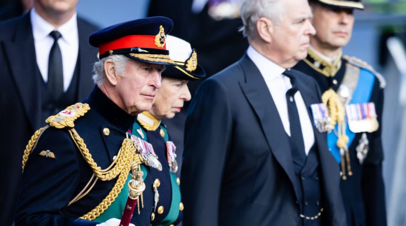 King Charles III, Princess Anne, Prince Andrew and Prince Edward arrive at St. Giles Cathedral in Edinburgh, Scotland, on Sept. 12, 2022. (Samir Hussein—WireImage/Getty Images)