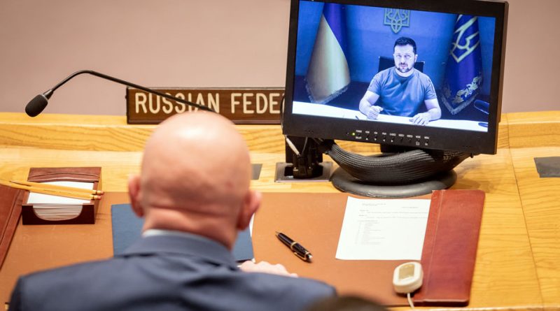 President Volodymyr Zelenskyy (on screen) of Ukraine addresses the Security Council meeting on maintenance of peace and security in Ukraine.