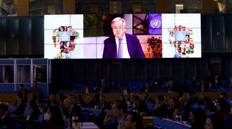 Secretary-General António Guterres delivers a message via video link at a FAO World Food Day event held in Rome, Italy.
