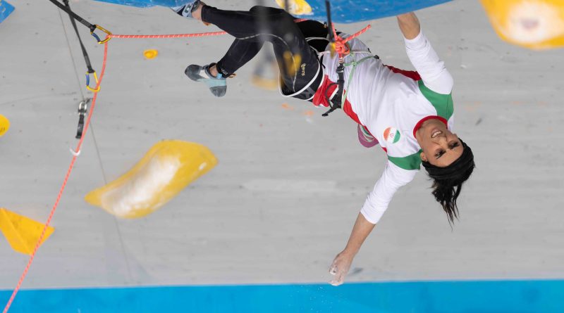 Iranian athlete Elnaz Rekabi competes during the women's Boulder &amp; Lead final during the IFSC Climbing Asian Championships, in Seoul, on Oct. 16, 2022. (Rhea Khang—International Federation of Sport Climbing/AP)