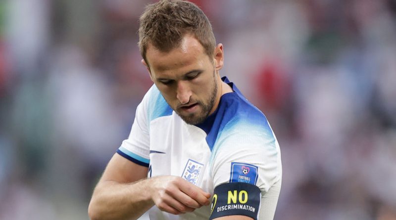 Harry Kane of England wears the new FIFA-approved band reading "No Discrimination" the World Cup match between England and Iran on November 21, 2022. (David S. Bustamante-Soccrates/Getty Images)