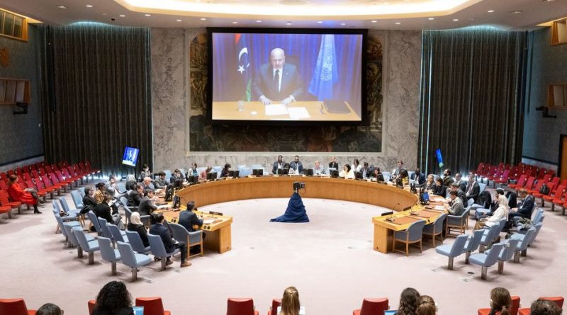 Karim Khan (on screen), Prosecutor of the International Criminal Court (ICC), briefs the UN Security Council meeting on the situation in Libya.