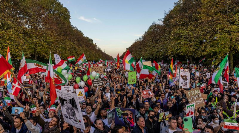 Protestors attend a rally organized by the "Women Life Freedom Collective" in solidarity with protesters in Iran on Oct. 22, 2022 in Berlin, Germany. (Maja Hitij—Getty Images)