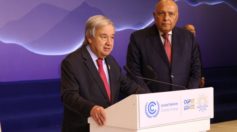 UN Secretary-General António Guterres speaks at the COP27 stakeout with COP27 President, Sameh Shoukry, standing to his right.