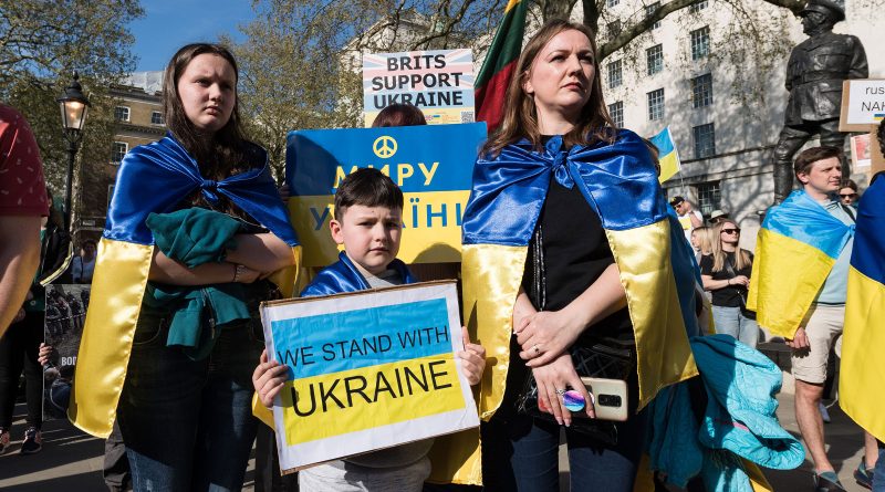 Ukrainians and their supporters demonstrate outside 10 Downing Street in London on April 16, 2022 against Russia's military invasion of Ukraine. (Wiktor Szymanowicz—Shutterstock)