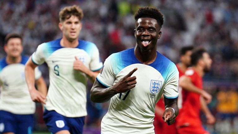 Bukayo Saka celebrates after putting England 2-0 up