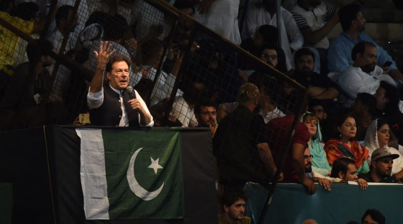 Pakistan's former Prime Minister Imran Khan delivers a speech to his supporters during a rally to celebrate the 75th anniversary of Pakistan's independence day in Lahore on Aug. 13, 2022. (Arif Ali—AFP via Getty Images)