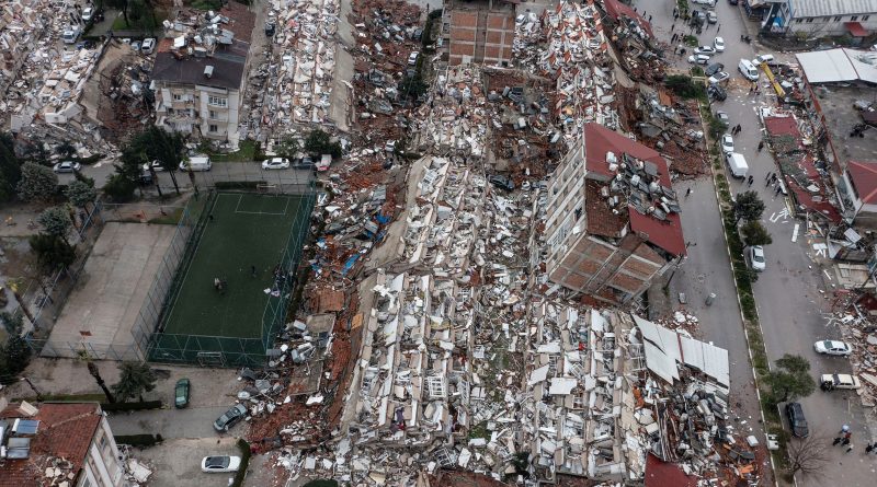 An aerial view of collapsed buildings in Hatay, Turkey. (Ercin Erturk—Anadolu Agency/Getty Images)