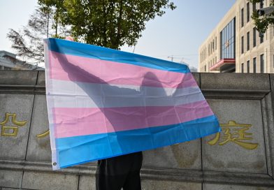A transgender woman protesting for equal rights holds a transgender pride flag outside the court house in Hangzhou on Dec. 3, 2019. (Hector Retamal—AFP/Getty Images)