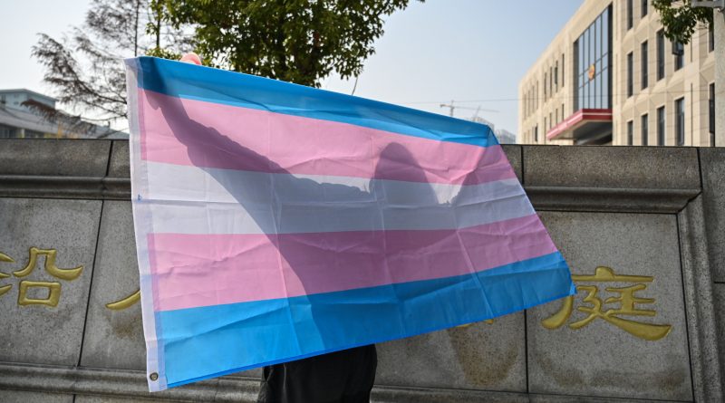 A transgender woman protesting for equal rights holds a transgender pride flag outside the court house in Hangzhou on Dec. 3, 2019. (Hector Retamal—AFP/Getty Images)